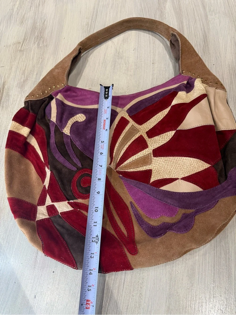 Y2K Vintage Lucky Brand Suede Patchwork Hobo in Red, Purple, Tan, Cream, Brown